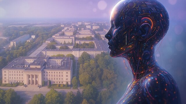 Kampus AGH z lotu ptaka i popiersie androida en face